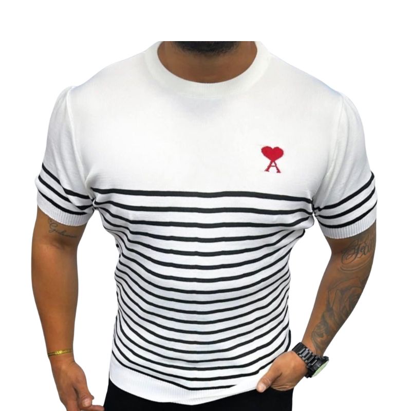 T-shirt Homme Demi-Manches Blanc à Rayures Noires – Motif Cœur Rouge